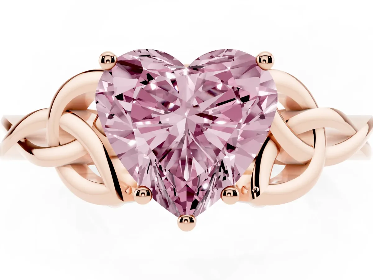 Fancy Pink Heart Cut Diamond Solitaire Engagement Ring with Celtic Knot Band and Four-Prong Setting Rose gold