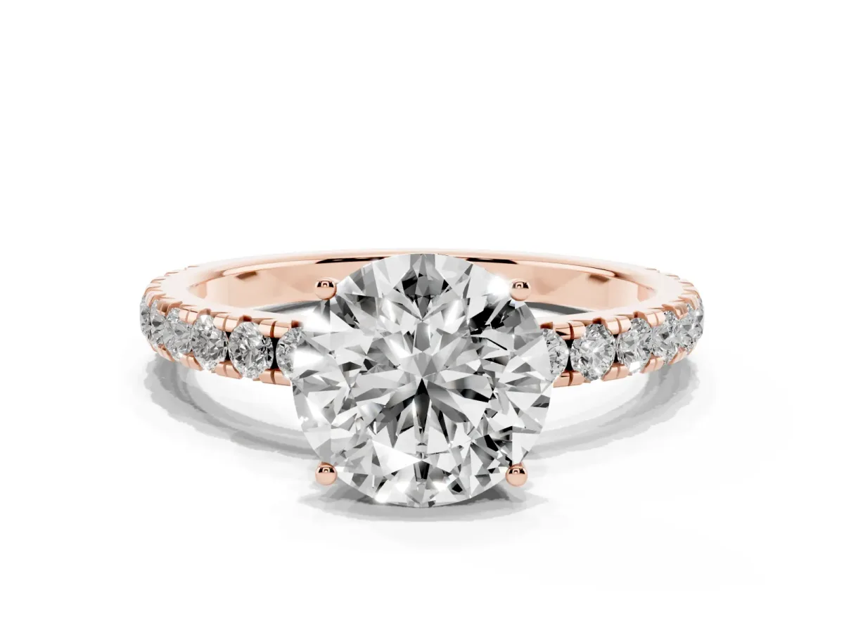 Round Cut Diamond Pavé Solitaire Engagement Ring with Four-Prong Setting Rose gold