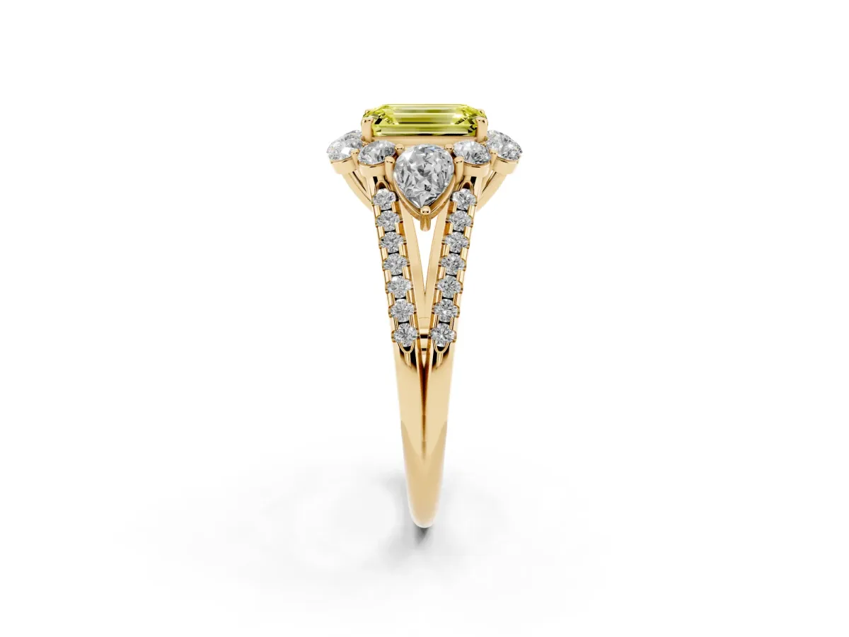 Fancy Yellow Emerald Cut Halo Split Shank Diamond Engagement Ring with Prong Setting Yellow gold