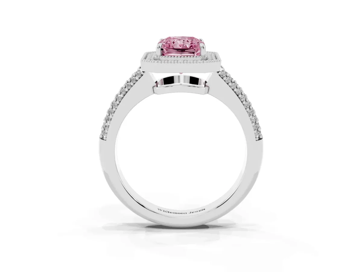 Fancy Pink Radiant Cut Cut Halo Diamond Pave Band with Four-Prong Setting Platinum
