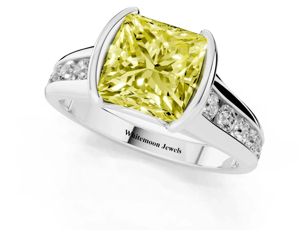 Fancy Yellow Princess Cut Solitaire Bezel-Set Diamond Ring with Channel-Set Band Silver