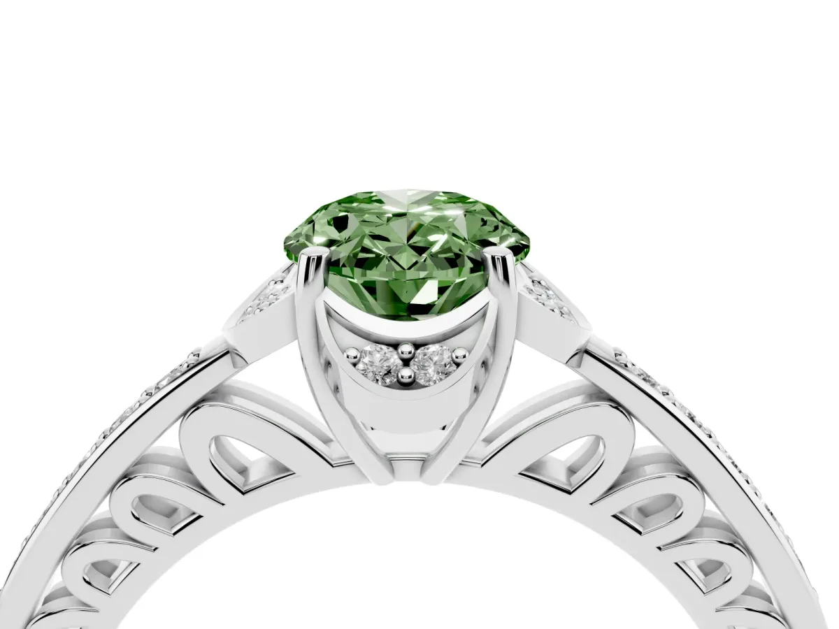 Fancy Green Oval Cut Cut Halo Diamond Ring with Channel Set Band and Four-Prong Setting White gold