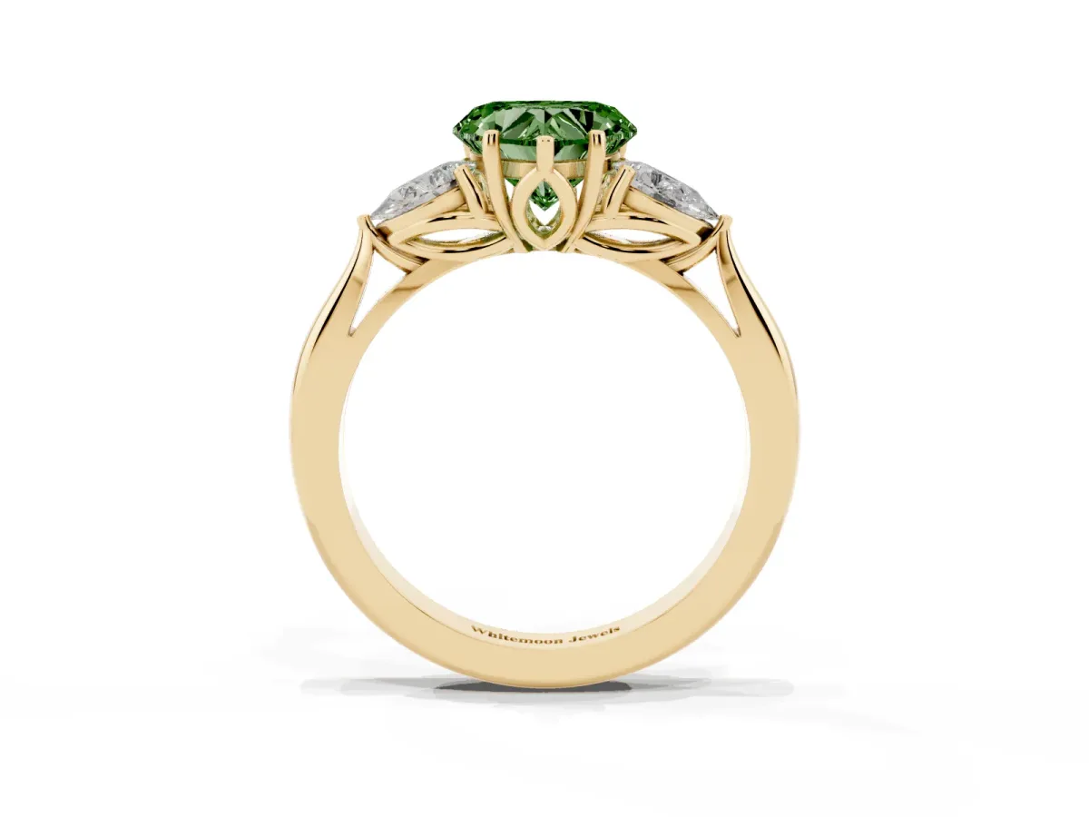 Fancy Green Heart Cut Diamond Three-Stone Ring with Pear Side Stones and Prong Setting Yellow gold