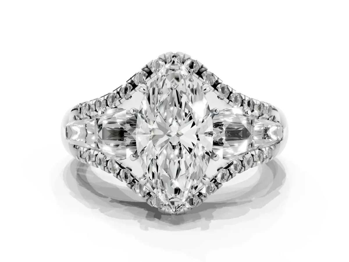 Three-Stone Marquise Cut Diamond Engagement Ring with Pave Band and Prong Setting Silver