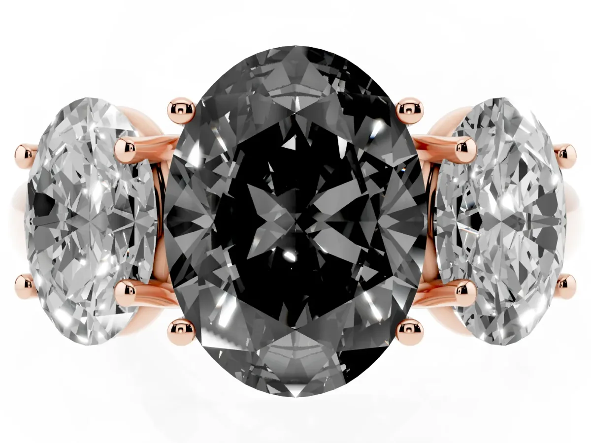 Fancy Black Three-Stone Oval Cut Diamond Engagement Ring with Prong Setting Rose gold