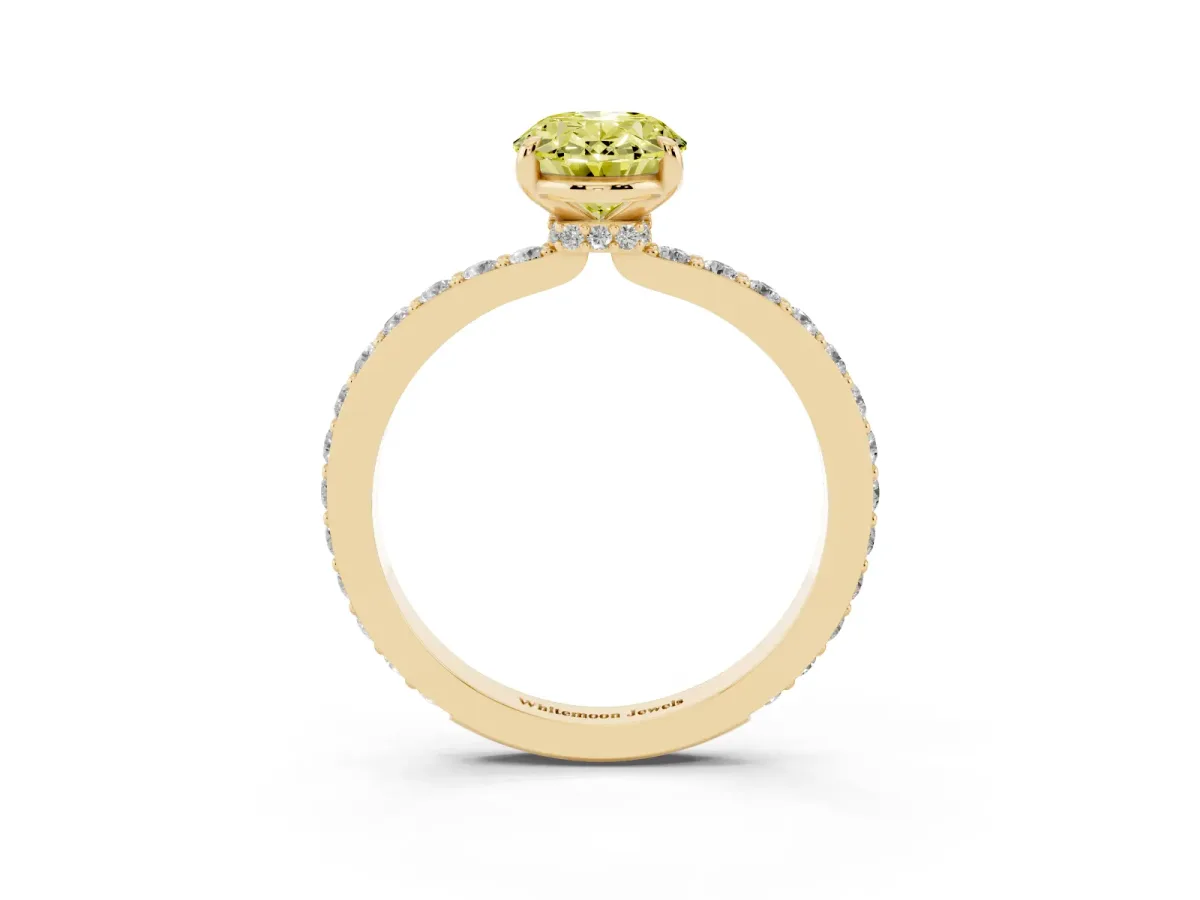 Fancy Yellow Oval Cut Diamond Pavé Engagement Ring with Round Accents and Prong Setting Yellow gold
