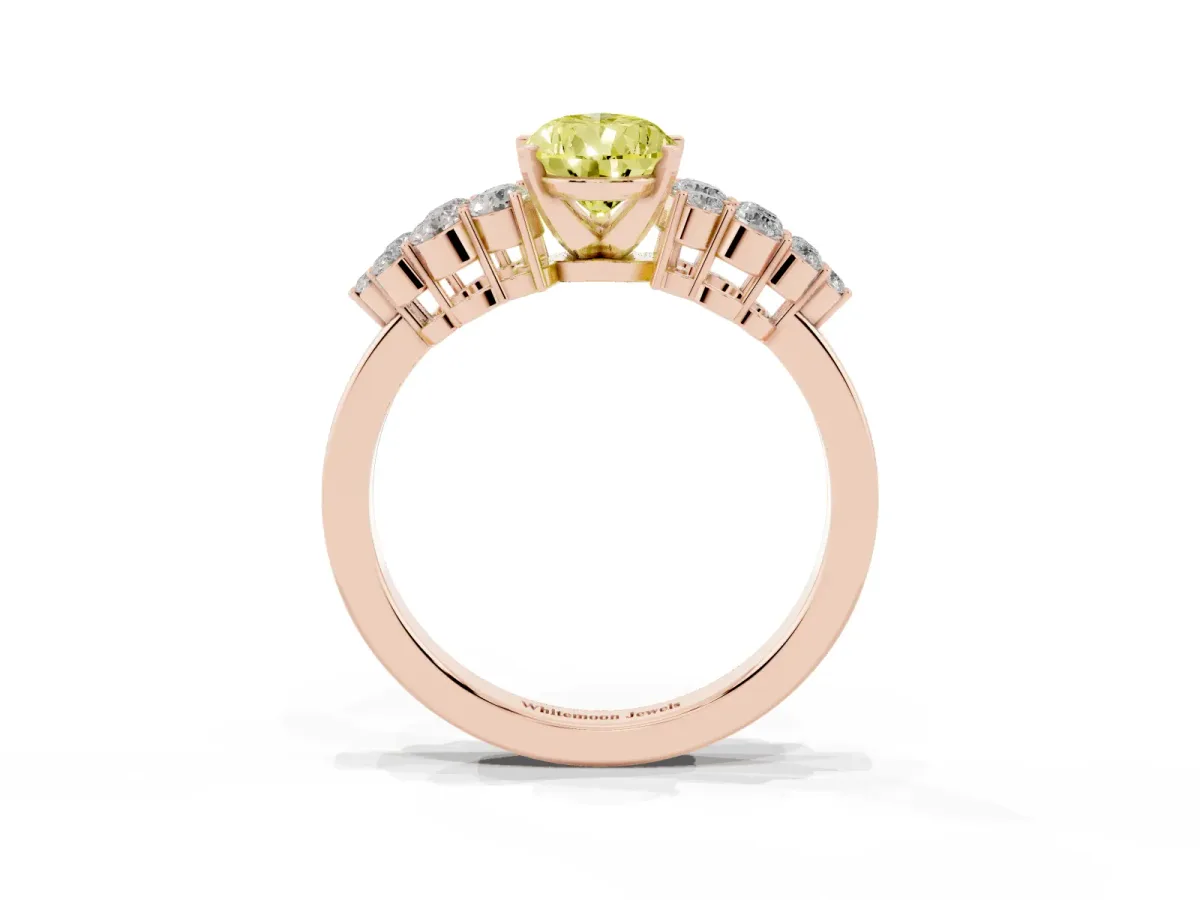 Fancy Yellow Pear Cut Cluster Diamond Engagement Ring with Pavé Band and Four-Prong Setting Rose gold