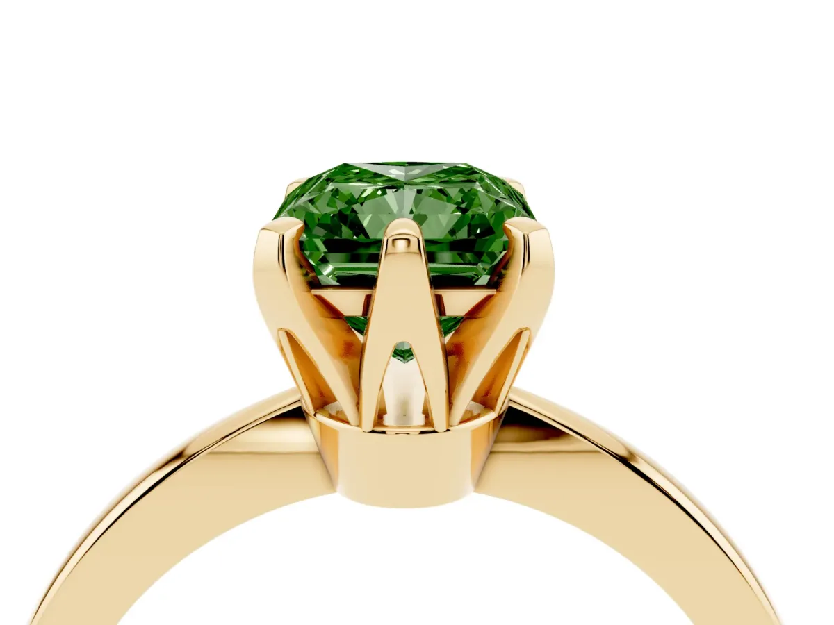 Fancy Green Radiant Cut Solitaire Engagement Ring with Six-Prong Setting and Tapered Band Yellow gold