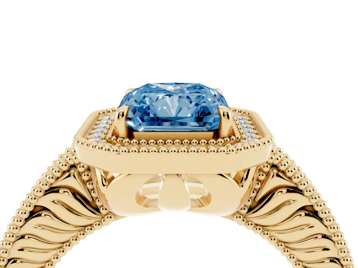 Fancy Blue Radiant Cut Cut Halo Diamond Ring with Pavé Band and Four-Prong Setting Yellow gold
