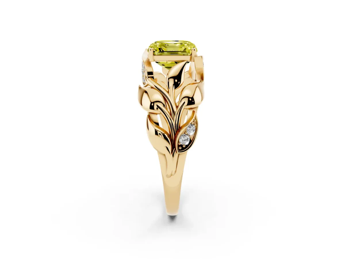 Fancy Yellow Asscher Cut Diamond Leaf-Inspired Engagement Ring with Round Accents and Prong Setting Yellow gold