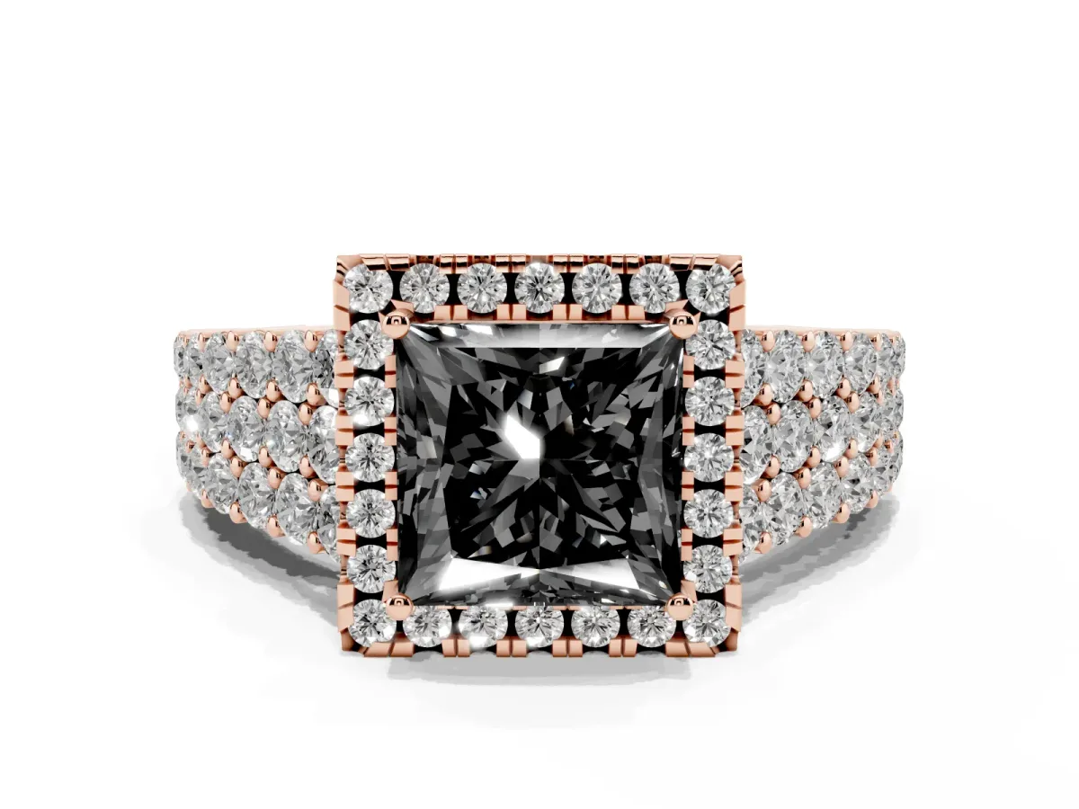 Fancy Black Princess Cut Diamond Halo Engagement Ring with Triple Row Round Pavé Band and Prong Setting Rose gold