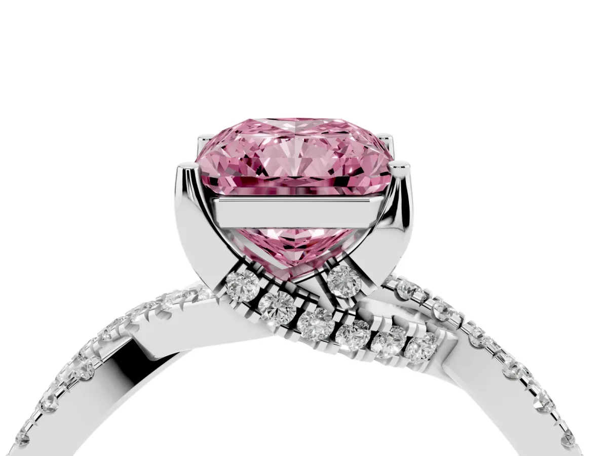 Fancy Pink Radiant Cut Solitaire Twist Pave Diamond Engagement Ring with Prong Setting Silver