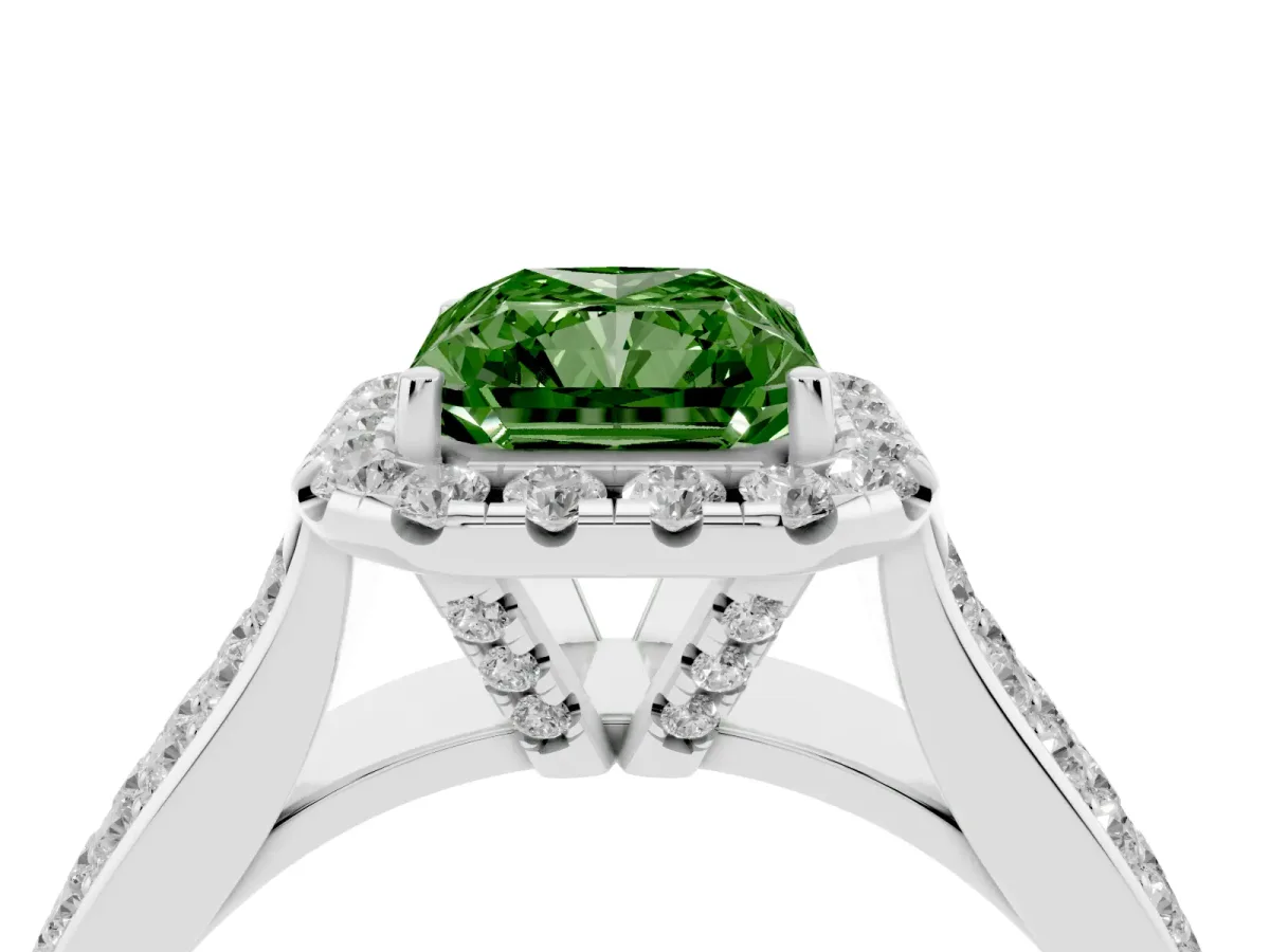 Fancy Green Radiant Cut Halo Round Diamond Pave Band with Prong Setting Silver