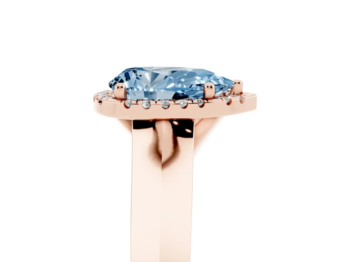 Fancy Blue Pear Cut Halo Diamond Ring with Cathedral Band and Four-Prong Setting Rose gold