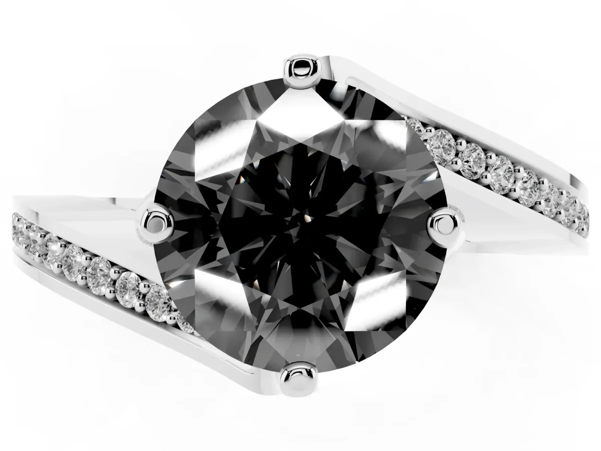 Fancy Black Round Cut Solitaire Diamond Twist Band with Pavé Setting and Four-Prong Setting Silver