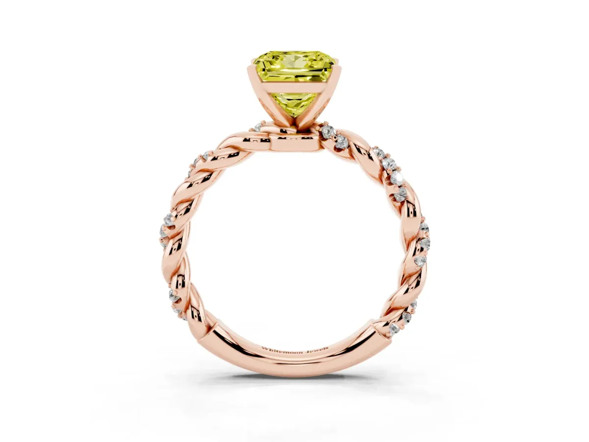 Fancy Yellow Princess Cut Diamond Solitaire Ring with Twisted Band and Pavé Accents Rose gold