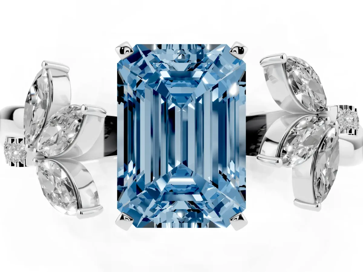 Fancy Blue Emerald Cut Diamond Floral Vine Solitaire Engagement Ring Platinum