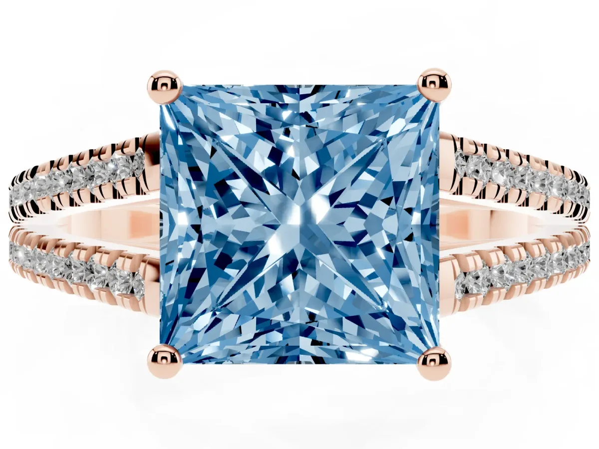 Fancy Blue Princess Cut Diamond Solitaire Engagement Ring with Split Shank Pavé Band Rose gold