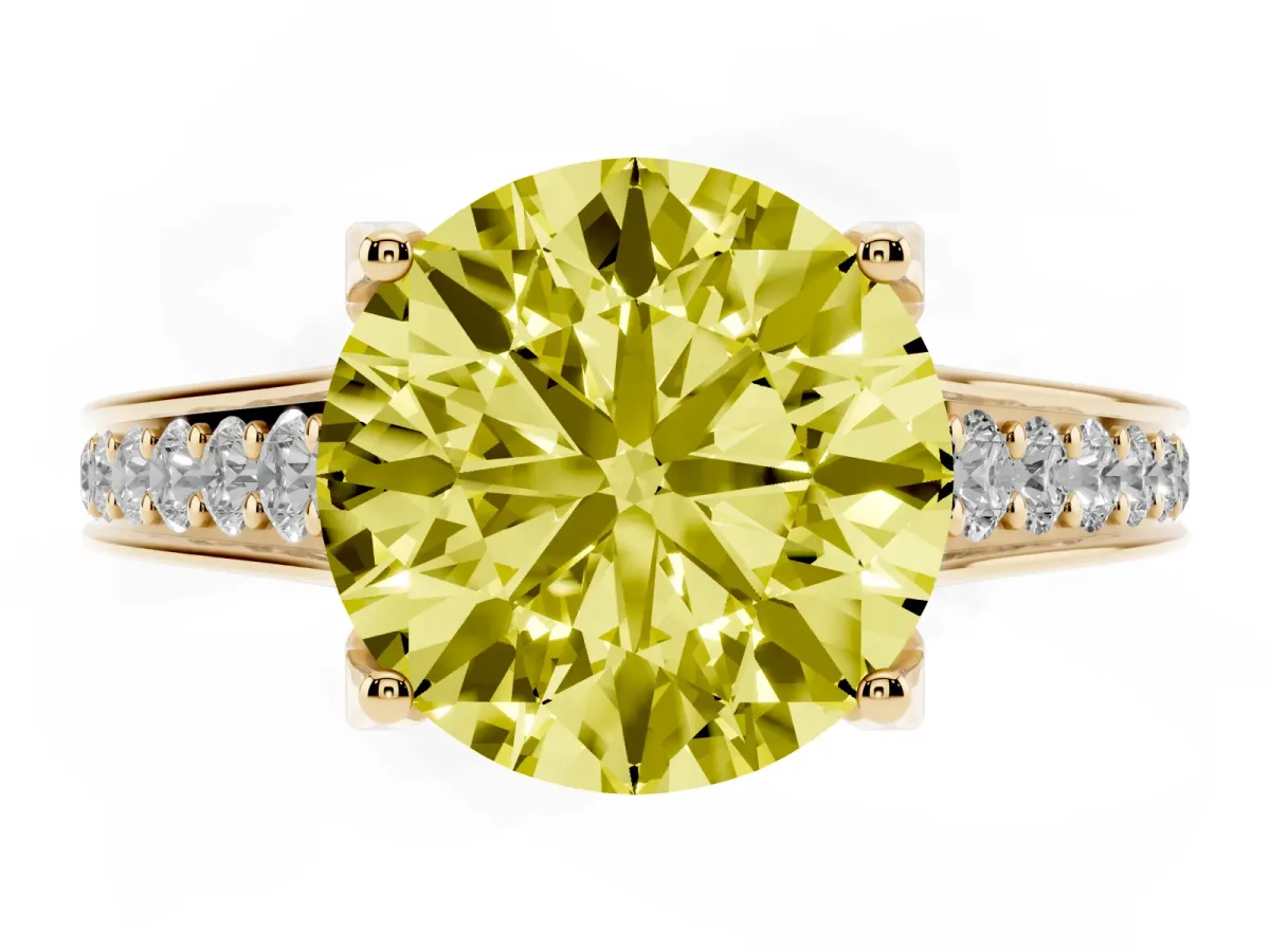Fancy Yellow Round Cut Brilliant Cut Diamond Engagement Ring with Pavé Band and Four-Prong Setting Yellow gold