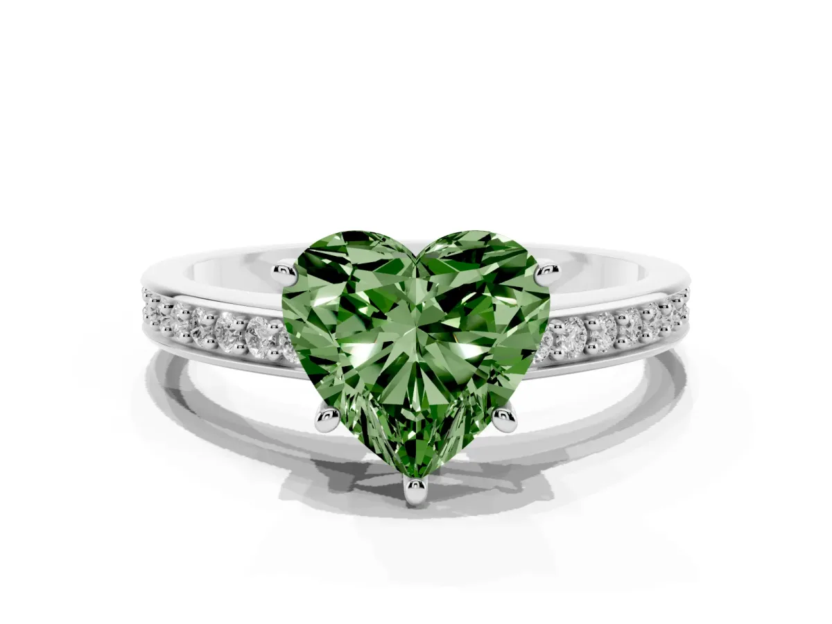 Fancy Green Heart Cut Solitaire Pavé Band Prong Setting Ring Silver