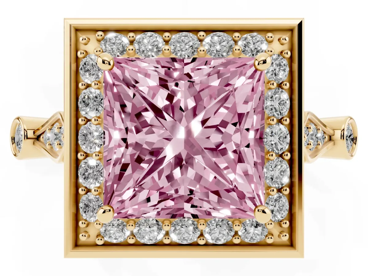 Fancy Pink Princess Cut Halo Diamond Engagement Ring with Twisted Band and Four-Prong Setting Yellow gold