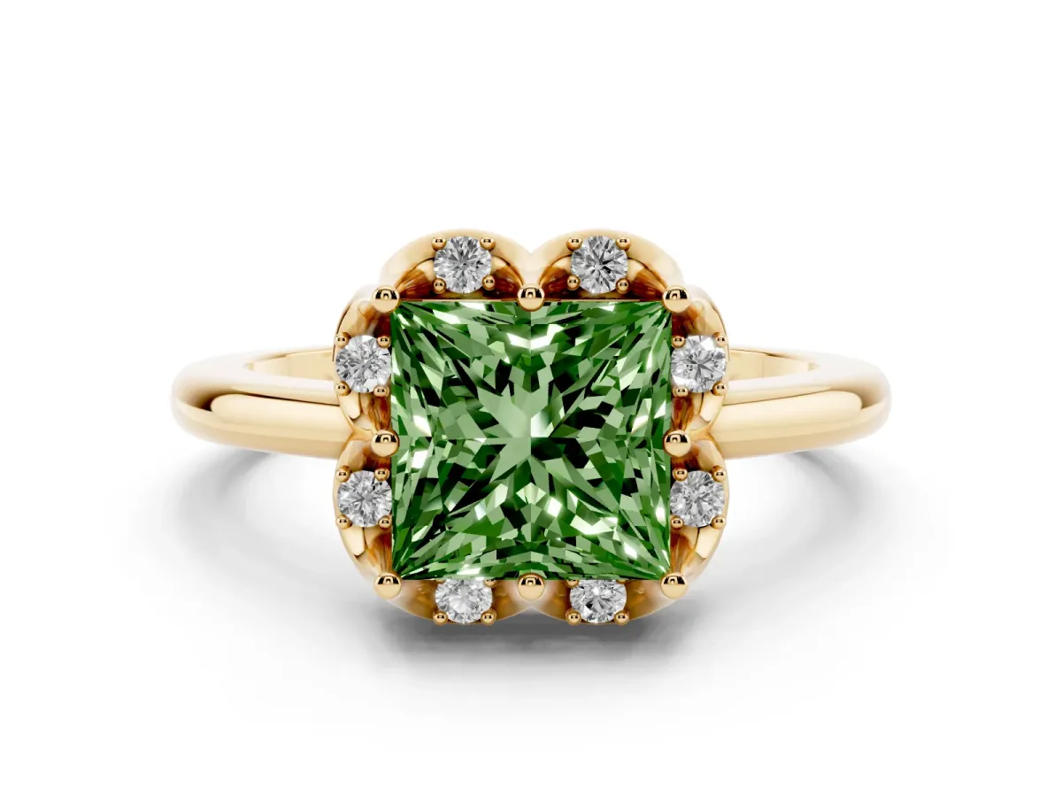 Fancy Green Princess Cut Halo Diamond Ring with Round Cluster Setting, Solitaire Band, and Four-Prong Setting Yellow gold