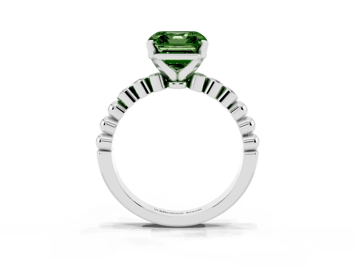 Fancy Green Asscher Cut Solitaire Bezel Accent Diamond Engagement Ring with Beaded Band and Four-Prong Setting Silver