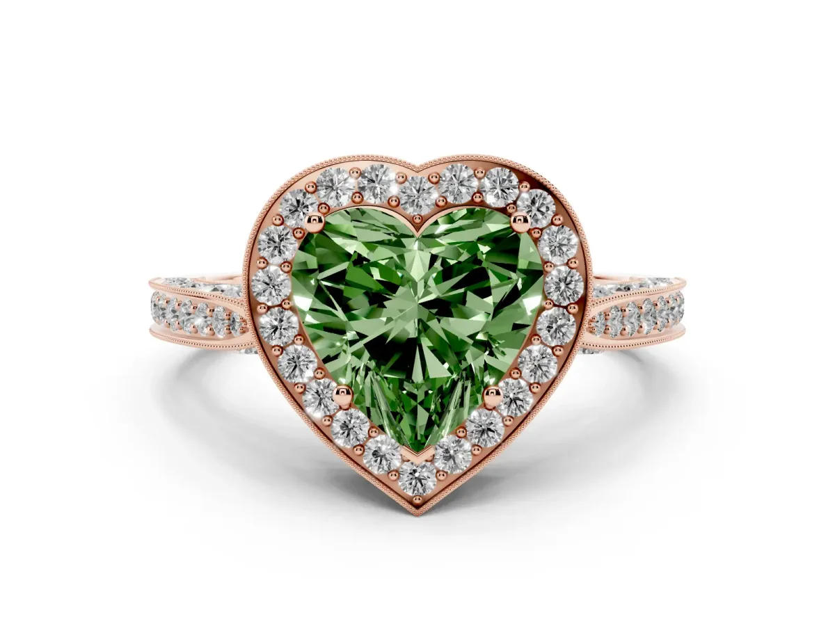 Fancy Green Heart Cut Halo Diamond Engagement Ring with Split Shank Band and Four-Prong Setting Rose gold