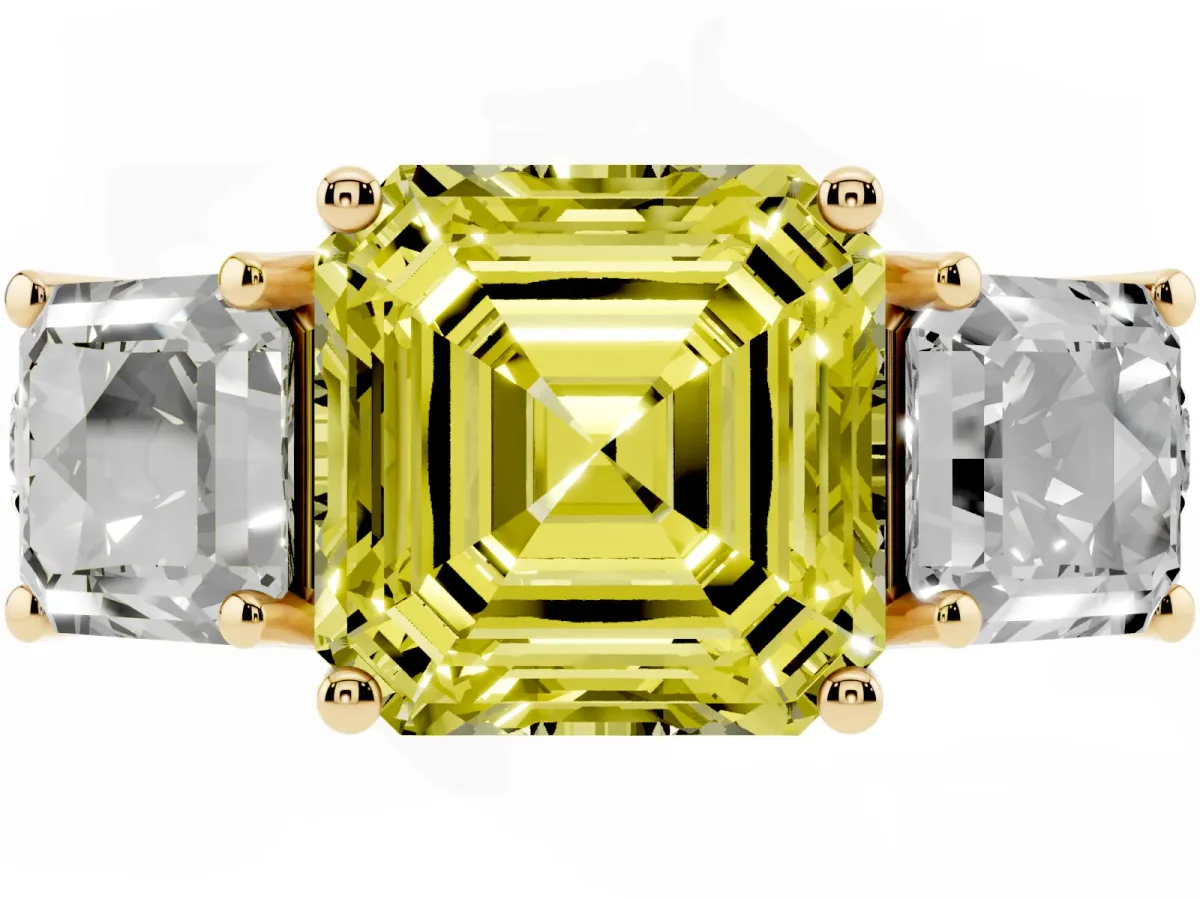Fancy Yellow Three-Stone Asscher Cut Diamond Pavé Band with Prong Setting Yellow gold