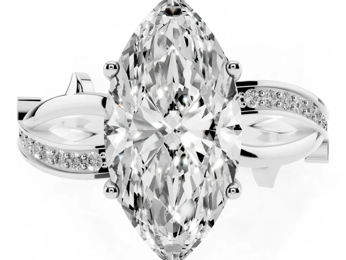 Marquise Cut Solitaire Twist Band with Pavé Accents and Four-Prong Setting Silver