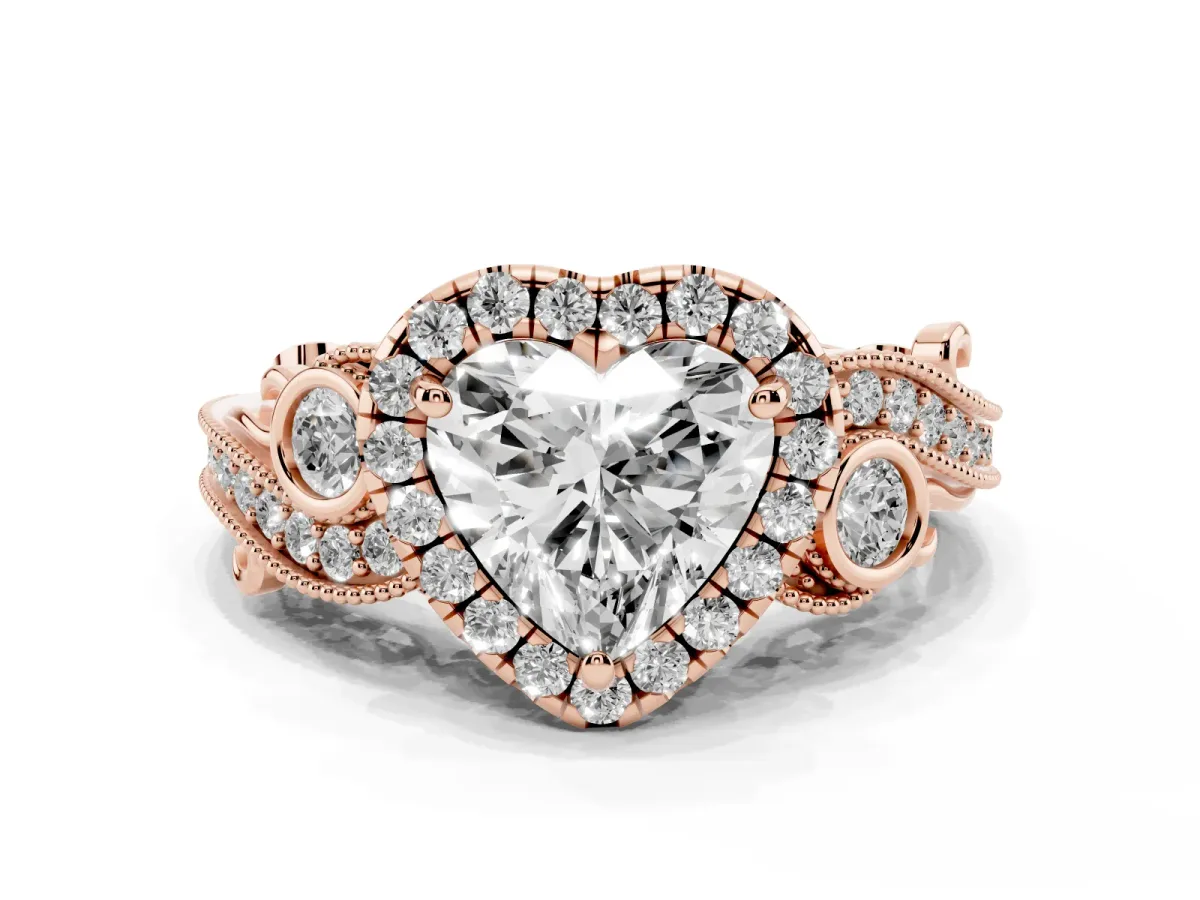 Heart Cut Diamond Halo Ring with Milgrain Pavé Band and Four-Prong Setting Rose gold