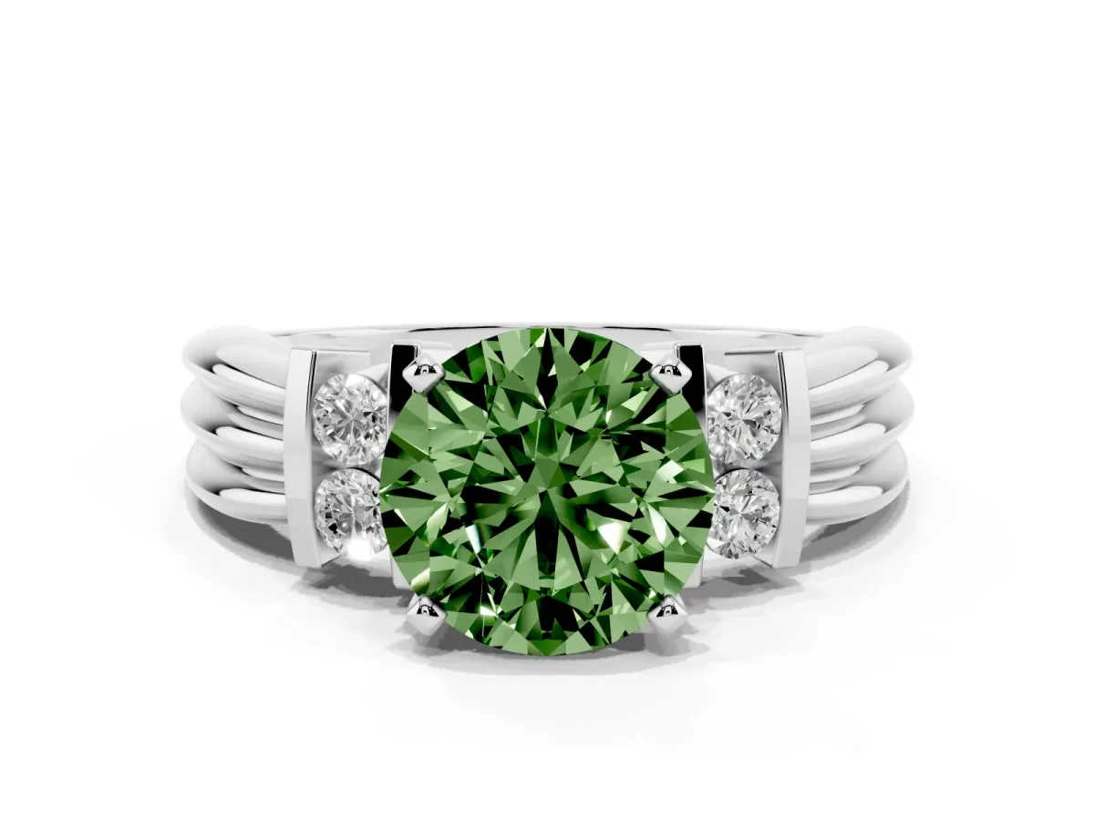 Fancy Green Round Cut Cut Three-Stone Channel Set Ring with Bar Prongs Silver