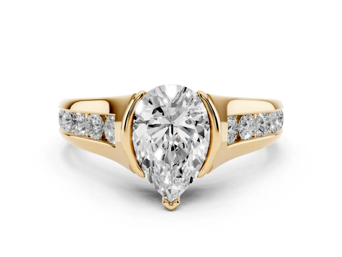 Pear Cut Solitaire Bezel-Set Diamond Ring with Channel-Set Band Yellow gold
