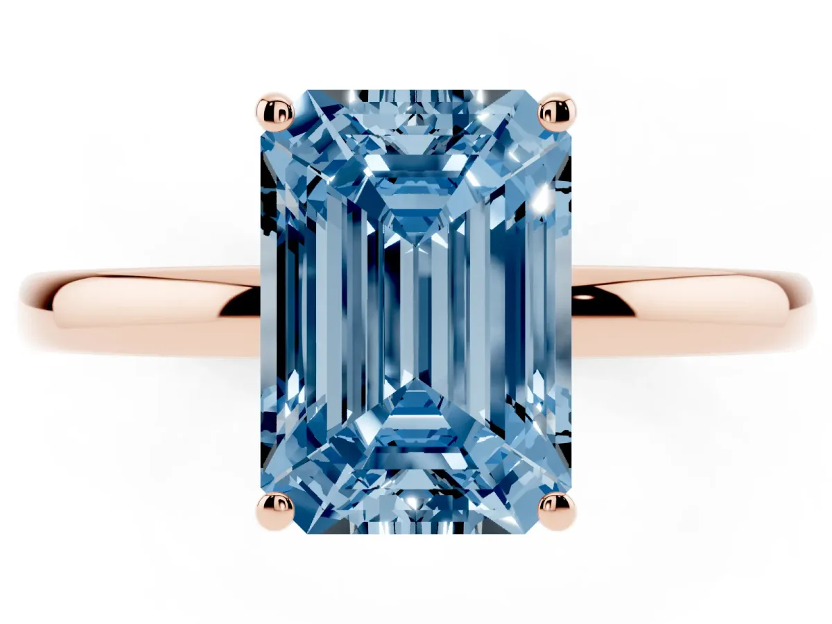 Fancy Blue Emerald Cut Solitaire Diamond Ring with Prong Setting and Plain Band Rose gold