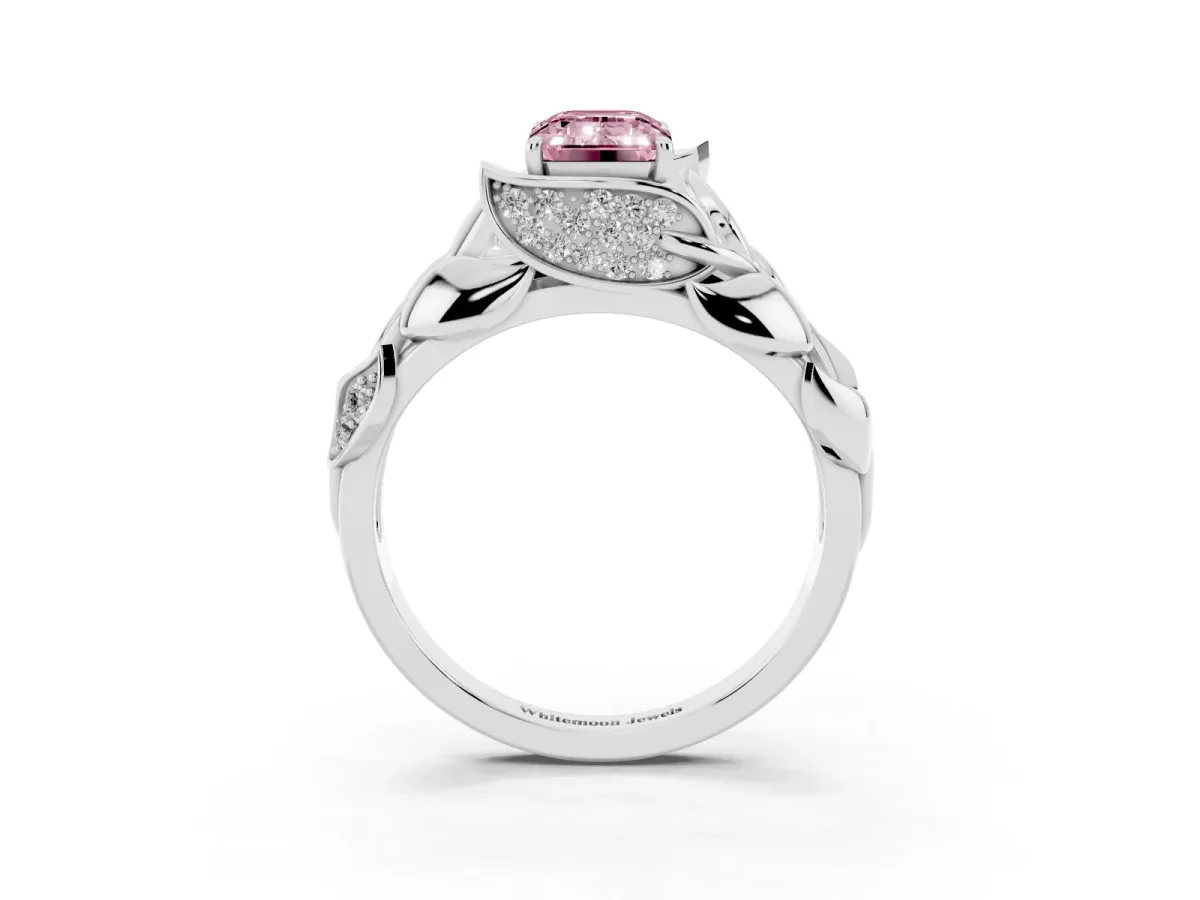 Fancy Pink Emerald Cut Diamond Leaf-Inspired Engagement Ring with Round Accents and Prong Setting Silver