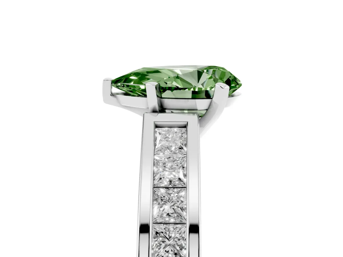 Fancy Green Pear Cut Solitaire Diamond Ring with Channel-Set Band and Four-Prong Setting Silver
