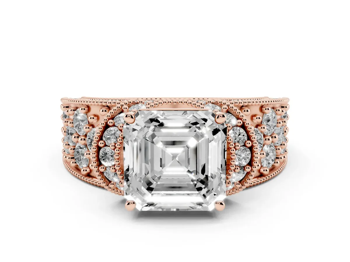 Asscher Cut Halo Pave Diamond Engagement Ring with Milgrain Detailing Rose gold