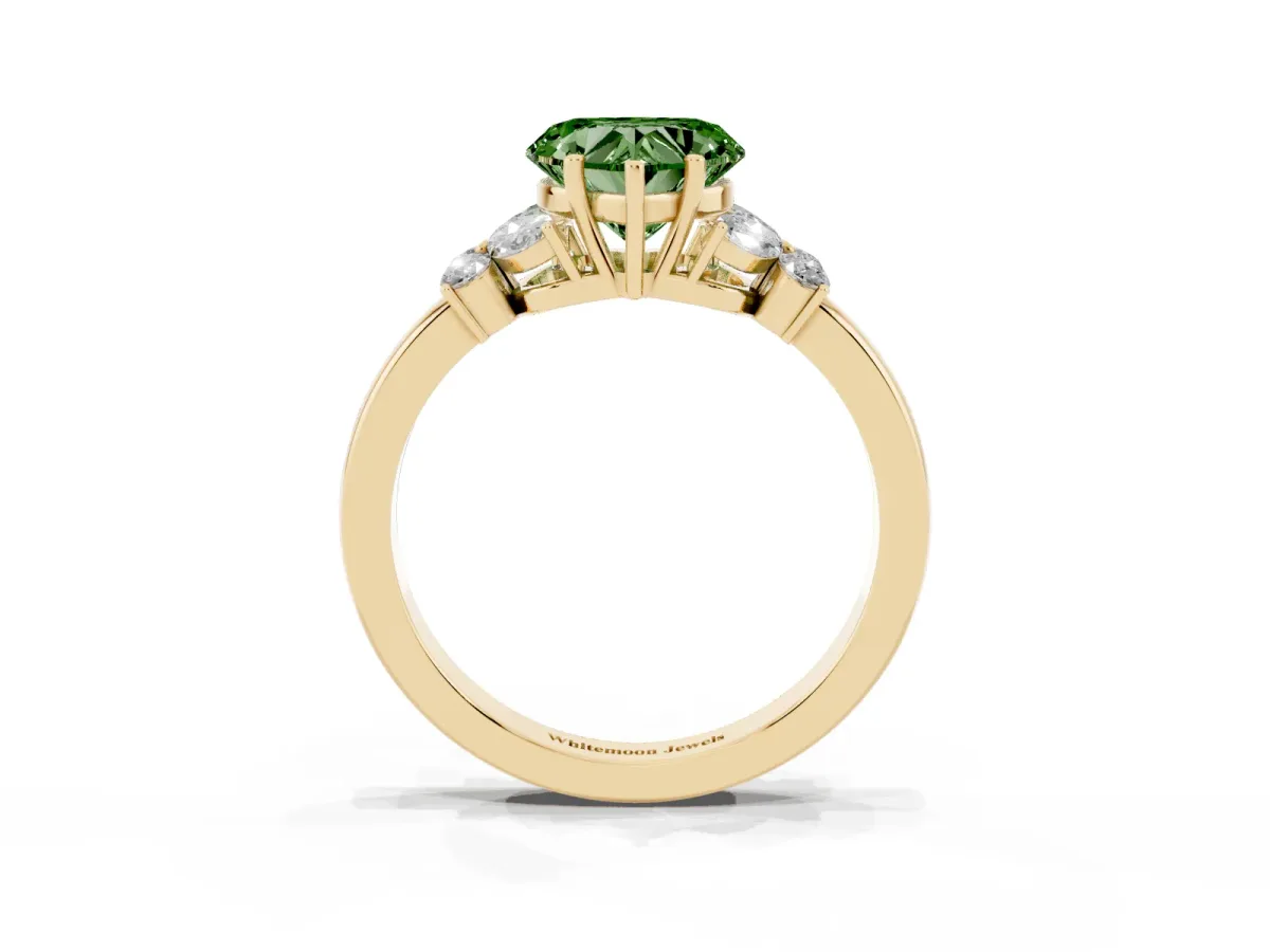 Fancy Green Heart Cut Cut Solitaire Floral Diamond Ring with Four-Prong Setting Yellow gold