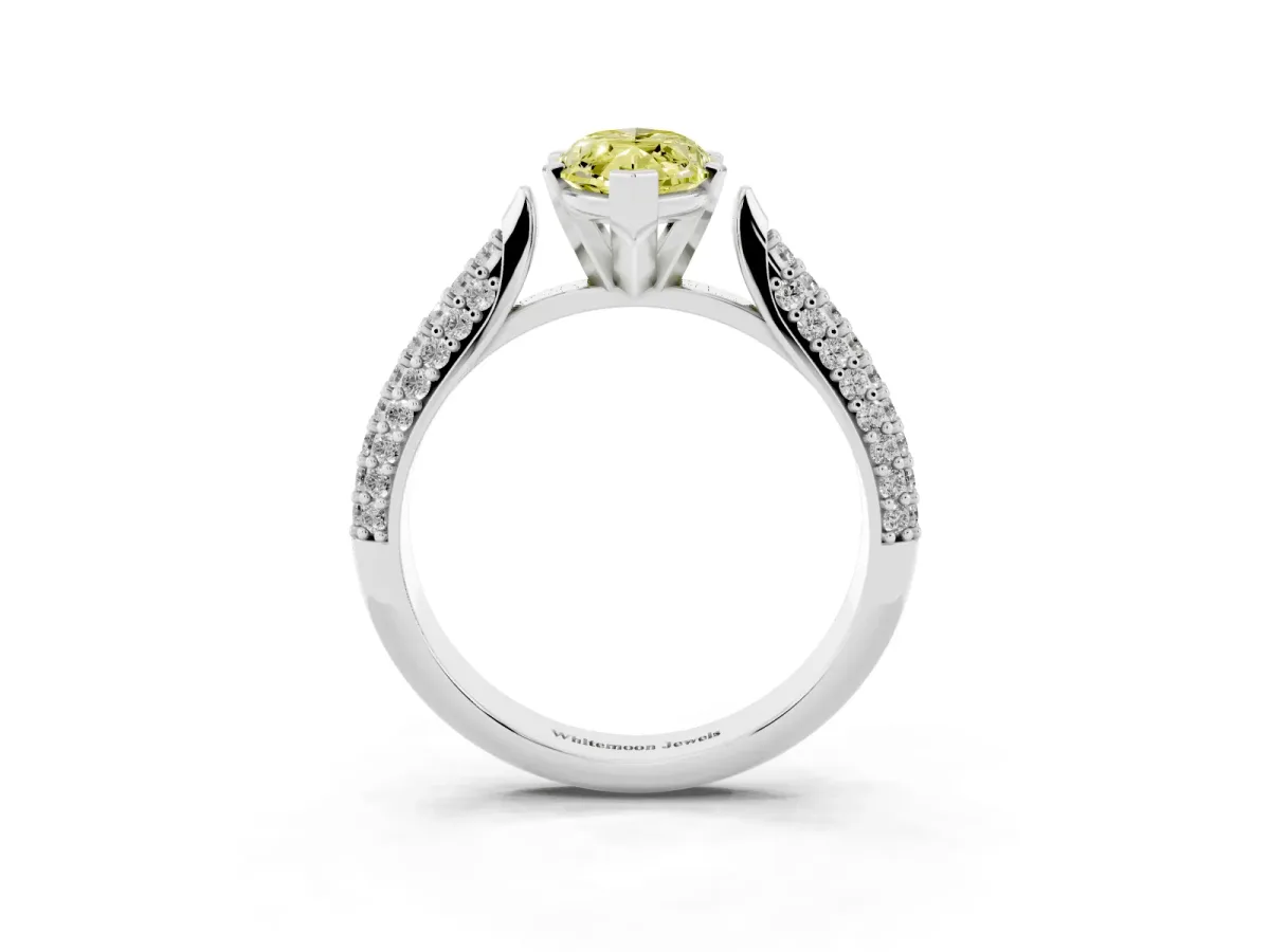 Fancy Yellow Marquise Cut Diamond Solitaire Engagement Ring with Multi-Row Round Pavé Band and Prong Setting Silver