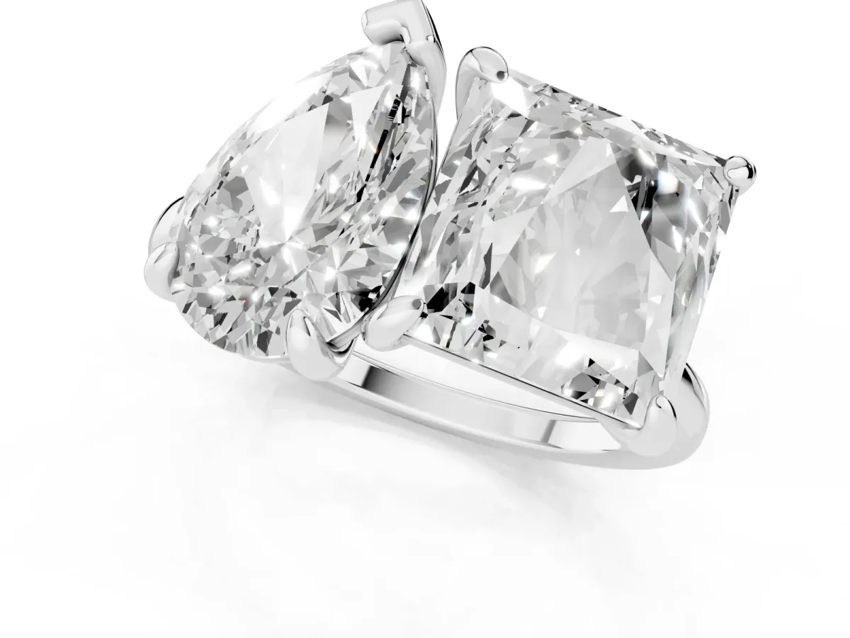 Pear and Princess Toi Moi Ring with Prong Setting and Plain Band Silver