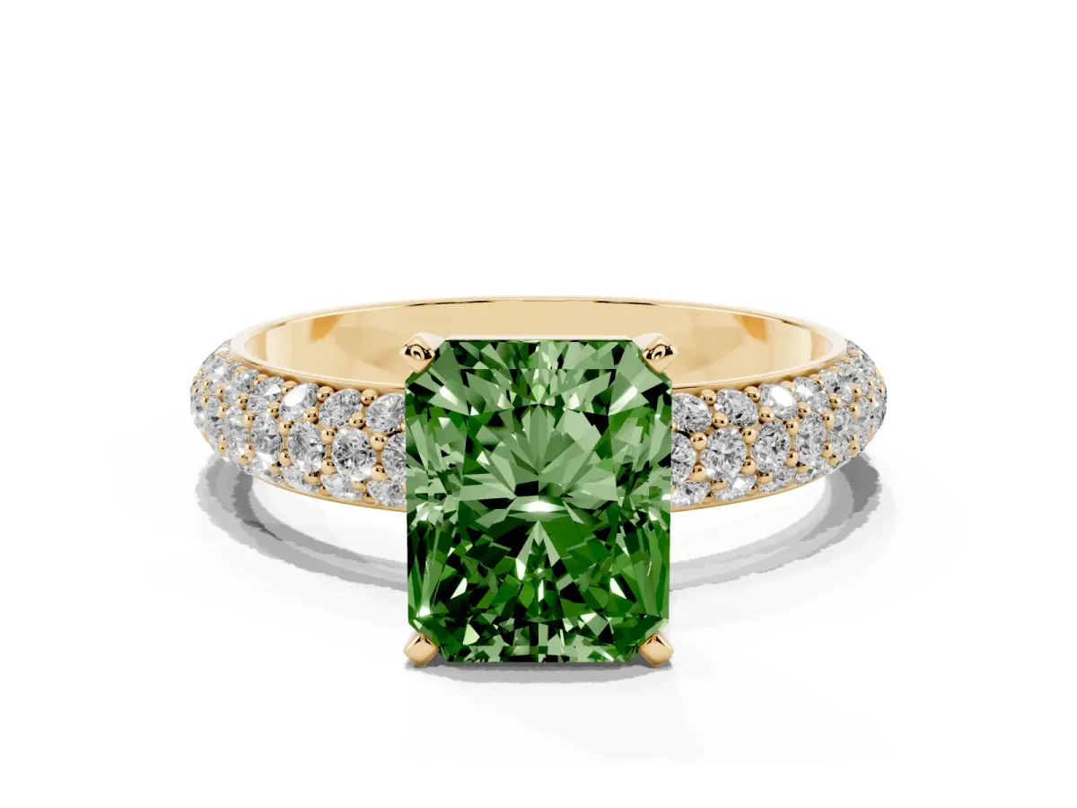 Fancy Green Radiant Cut Diamond Solitaire Ring with Prong Setting and Pavé Band Yellow gold
