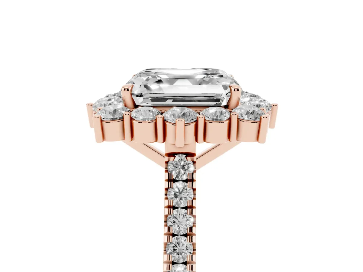 Asscher Cut Halo Diamond Ring with Pavé Band and Prong Setting Rose gold