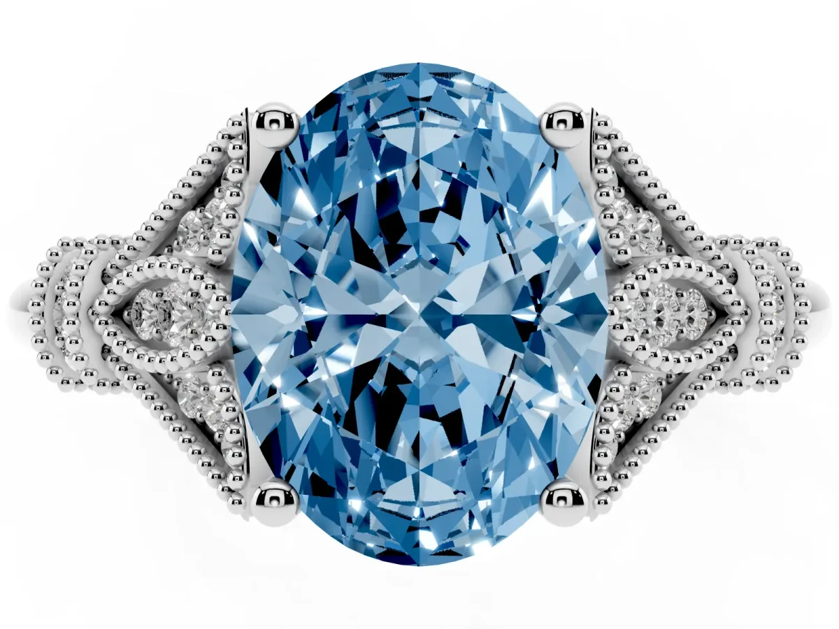 Fancy Blue Oval Cut Diamond Solitaire Ring with Floral Filigree and Pave Accents Silver
