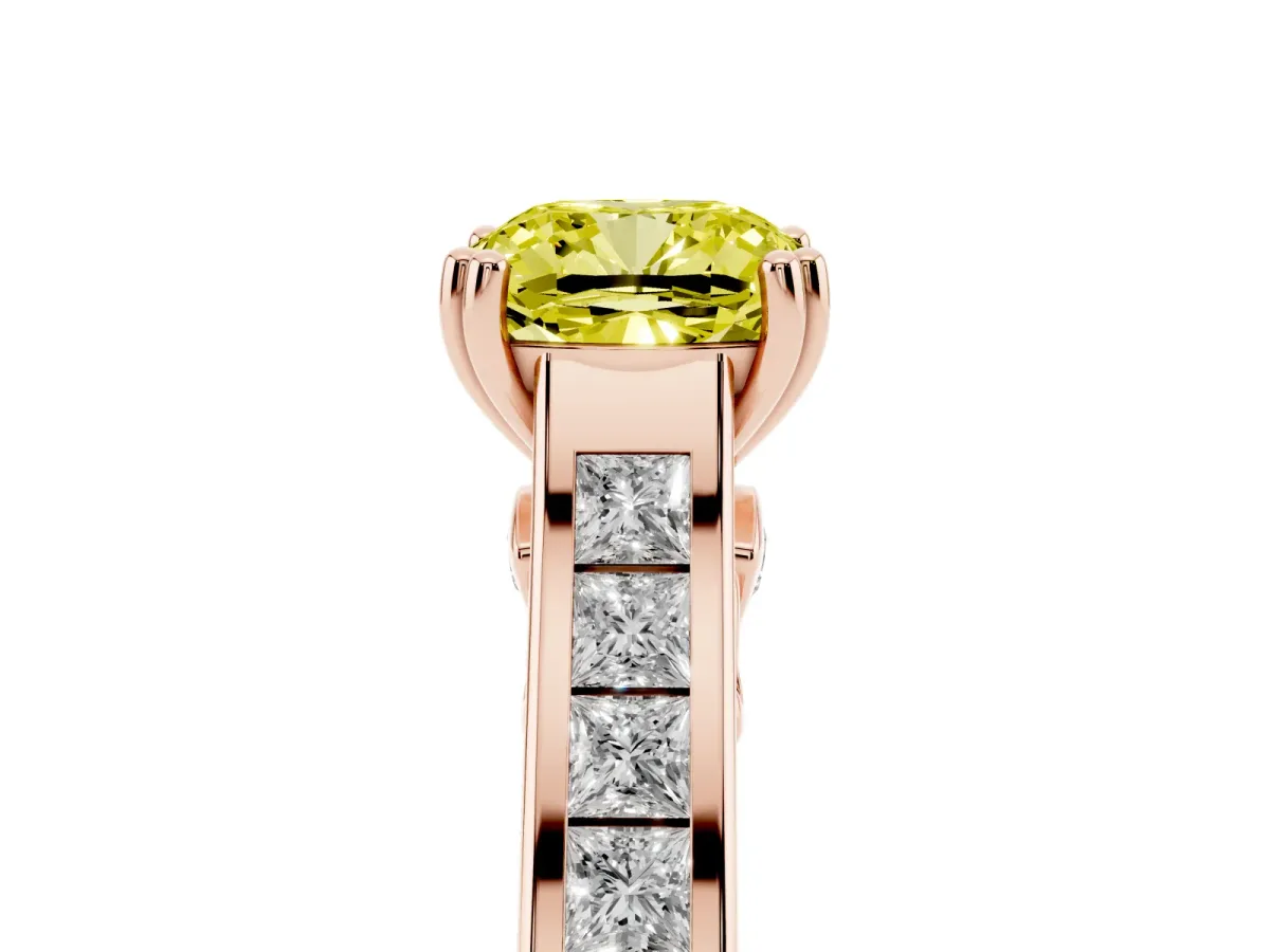 Fancy Yellow Cushion Cut Cut Channel Set Solitaire Engagement Ring with Prong Setting Rose gold