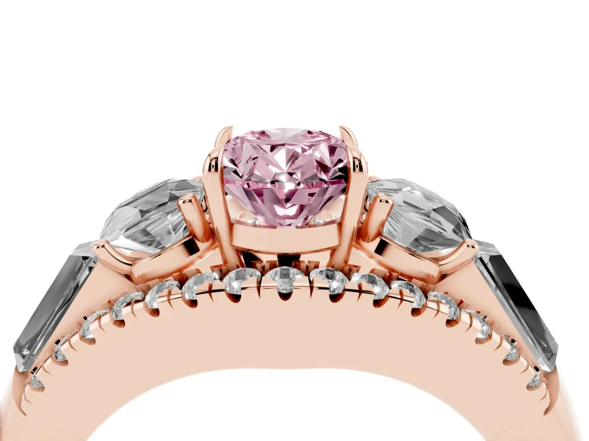 Fancy Pink Three-Stone Oval Cut Diamond Engagement Ring with Pave Band and Prong Setting Rose gold
