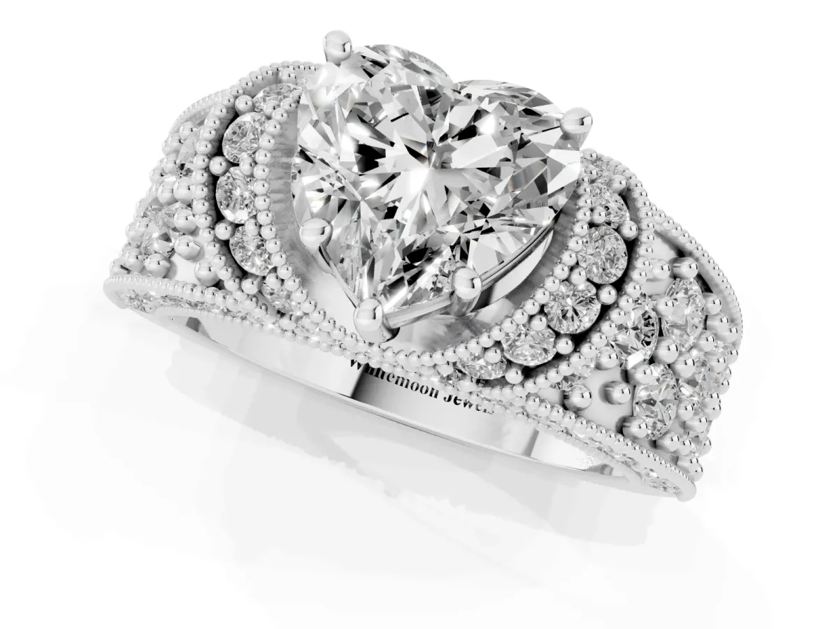 Heart Cut Halo Pave Diamond Engagement Ring with Milgrain Detailing Silver