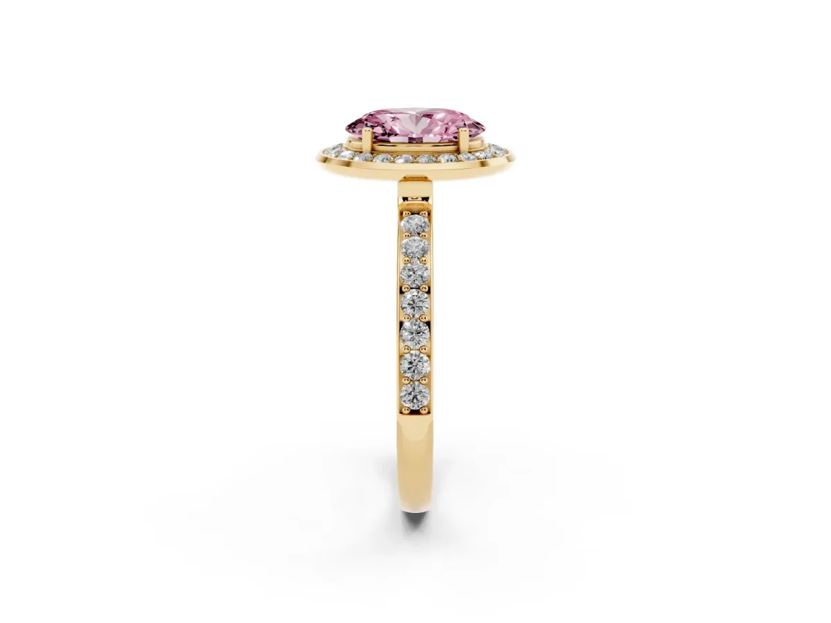 Fancy Pink Oval Cut Diamond Halo Ring with Bezel Frame and Pavé Band Yellow gold