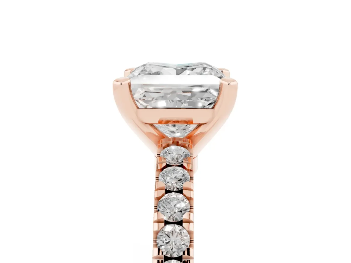 Princess Cut Solitaire Diamond with Pavé Band and Four-Prong Setting Rose gold