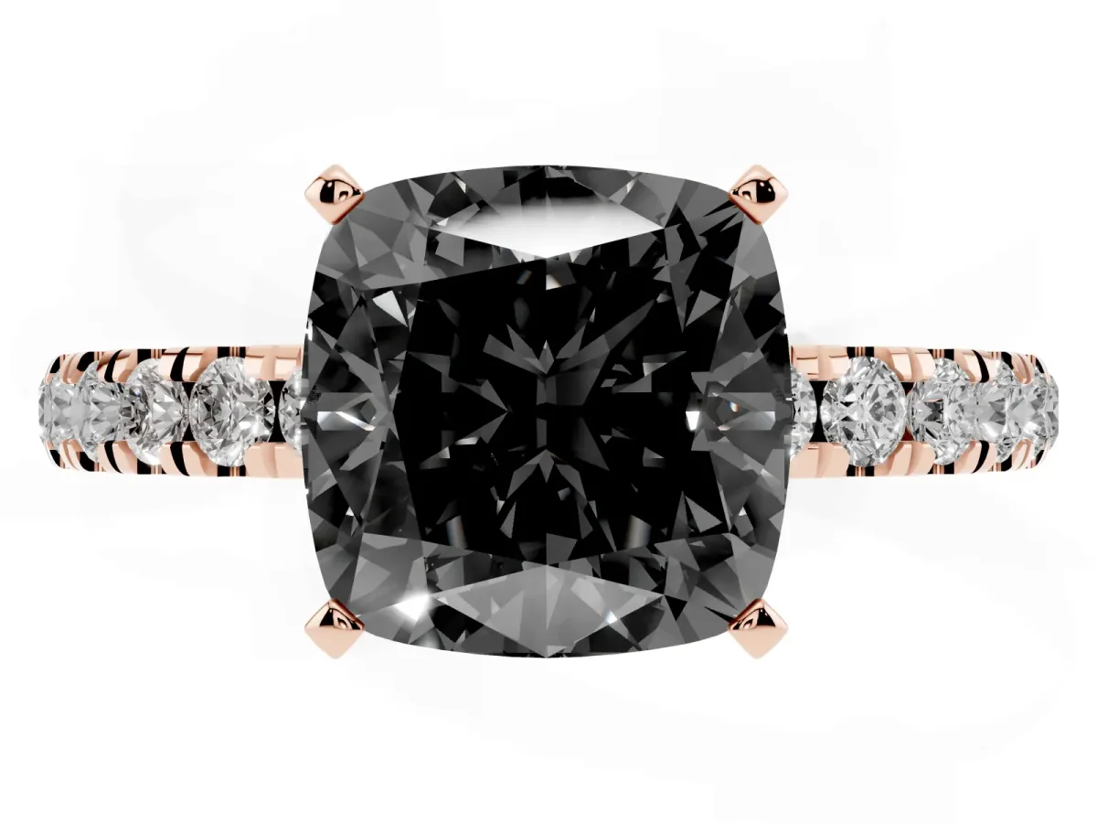 Fancy Black Cushion Cut Diamond Solitaire Ring with Pavé Accents and Four-Prong Setting Rose gold