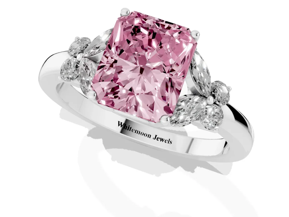Fancy Pink Radiant Cut Cut Solitaire Floral Diamond Ring with Four-Prong Setting Silver